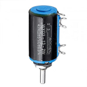WXD3-13-2W 4.7k ohm Precision Potentiometer - a black cylindrical component with a blue top, a metal adjustment shaft, and three side-mounted metal terminals.