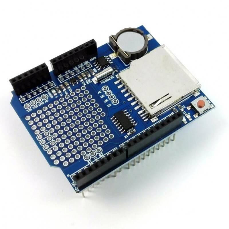Xd-204 Adafruit Data Logger Shield - a blue circuit board featuring a silver SD card slot, a coin cell battery holder, a push button, and pin headers.