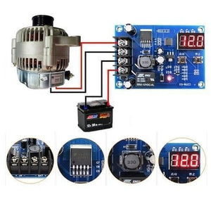 XH-M603-M632 Battery Charging Control Module DC 12V-24V Voltage Charging Discharge Monitor Relay Switch Battery Protection Board - shown with a car alternator, battery, and wiring diagram, including close-up views of the board and LED display.