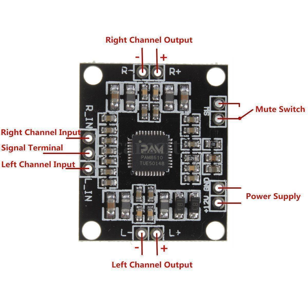 XHM181 Xh M181 PAM8610 12V Dual-channel Stereo Audio Amplifier Board - a square black circuit board with labeled input, output, mute, and power terminals and a central chip.