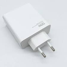 Xiaomi Charger 120W Combo (Type-A) Xiaomi Charger 120W BC1.2 Qualcomm Quick Charge Fast Charge Protocols - a white power adapter with a two-pin European-style plug and the text "120W" printed on its side.