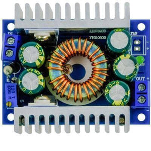 XL4016E1 Step-Down Buck Converter Power Supply Module DC-DC 5-40V to 1.2-36V Adjustable Step Down Board 12A 100W XL4016E1 compatible with Arduino - a blue circuit board, a large copper inductor, two aluminum heatsinks, and screw terminal connectors.