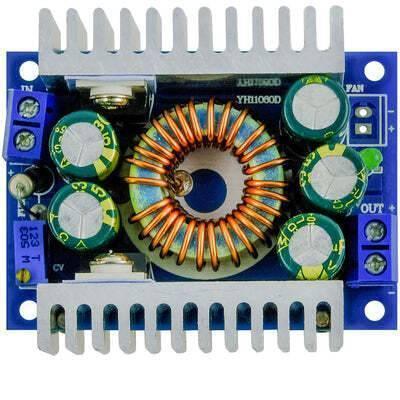 XL4016E1 Step-Down Buck Converter Power Supply Module DC-DC 5-40V to 1.2-36V Adjustable Step Down Board 12A 100W XL4016E1 compatible with Arduino - a blue circuit board, a large copper inductor, two aluminum heatsinks, and screw terminal connectors.