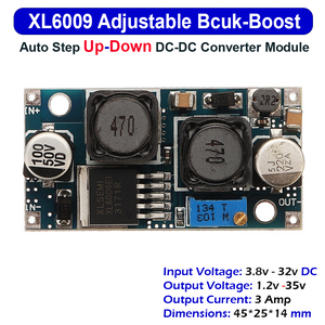 XL6009 Buck Boost Convertor Module - a blue circuit board with two black inductors, a silver potentiometer, and input/output solder pads.