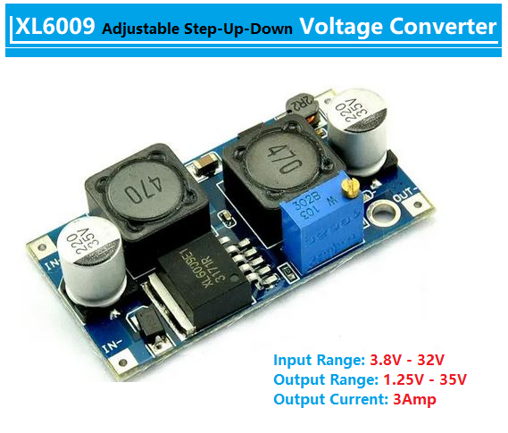 XL6009 Buck Boost Convertor Module - a blue circuit board with two black inductors, a blue potentiometer, two silver capacitors, and input/output pads.