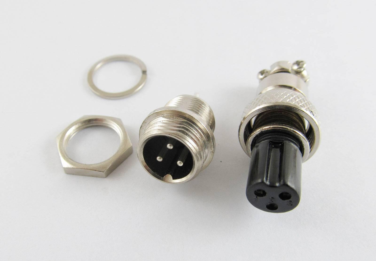XLR 3 Pin Cable Connector 16mm Chassis Mount 3pin Plug Adapter - a metal chassis mount, a circular nut, a washer, and a 3-pin cable plug.