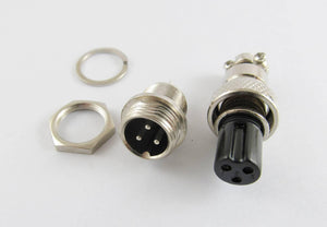 XLR 3 Pins 12mm Audio Cable Connector Chassis Mount 3 Pin Plug Adapter - a silver metal chassis mount connector, a matching plug, and two washers.