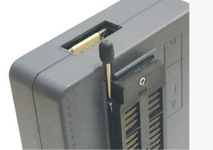 XP8710 Universal Professional Programmer With Over Current Protection - close-up view of the grey plastic casing, a ZIF socket, and an inserted memory chip.