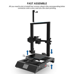 XVICO 3D Printer X3S DIY Kit Rapid Assembly with Open Source Marlin 2.0, Large Build Print Area 220mm x 220mm x 250mm - a partially assembled black metal frame with an LCD screen, four screws, and blue arrows indicating assembly steps.