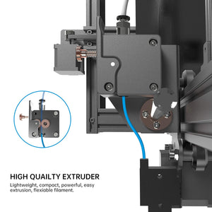 XVICO 3D Printer X3S DIY Kit Rapid Assembly with Open Source Marlin 2.0, Large Build Print Area 220mm x 220mm x 250mm - the grey metal extruder assembly with a copper-coloured gear and a blue filament line, including an inset diagram.