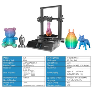 XVICO 3D Printer X3S DIY Kit Rapid Assembly with Open Source Marlin 2.0, Large Build Print Area 220mm x 220mm x 250mm - black frame and print bed, a front-facing display screen, and four 3D-printed models displayed alongside a technical spec table.