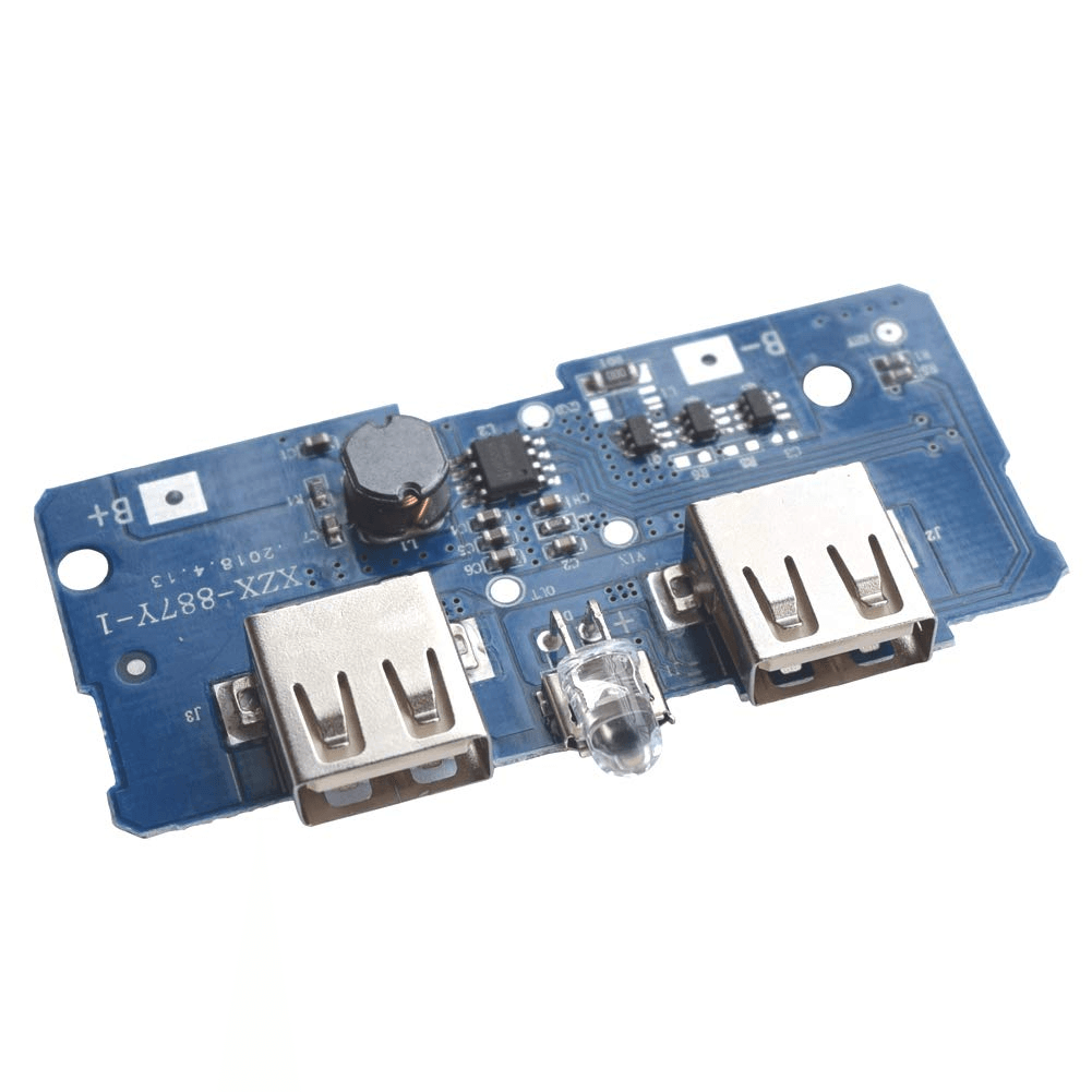 XZX-887Y-1 5V 2A DIY Power Bank Module - a blue circuit board with two USB ports, a central LED, an inductor, and battery connection pads.