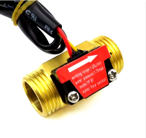 YF-B1 Brass Flow Sensor Meter DN15 – NPT Thread, Hall Effect, DC5-24V Energy Meter - a gold-colored cylindrical brass sensor with a red label, black wiring, and two mounting screws on a white background.