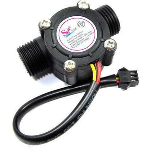 YF-S201 Arduino Water Flow Sensor Water Measurement Sensor - a black plastic cylindrical flow sensor with threaded ports and a three-wire cable ending in a black connector.