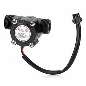 YF-S201 Arduino Water Flow Sensor Water Measurement Sensor - a black plastic water flow sensor with threaded inlet and outlet ports and a three-pin connector cable.