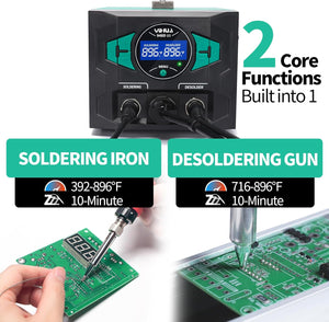 YIHUA 948D III dual LCD showing soldering iron and desoldering gun temperatures