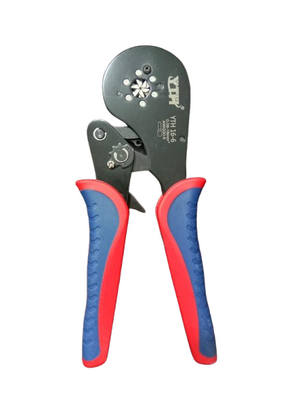 YTH 16-6 Hex Crimping Tool – 0.08–16mm² Ferrule Crimper for 30–5 AWG Wire | Self-Adjustable - a black metal tool with a hexagonal crimping head and red and blue plastic-coated handles, isolated on a white background.