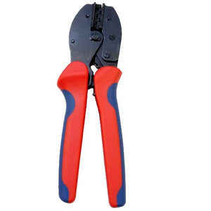 YTH-2546B 2.5/4/6mm Solar Crimper MC3 MC4 Crimping Tool Kit - a black metal hand tool with red and blue rubberized handles, shown against a white background.