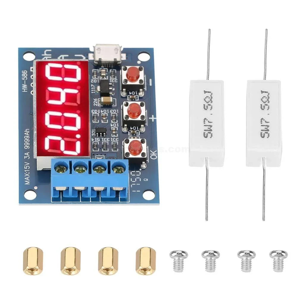 ZB2L3 / HW-586 HW586 Battery Capacity Tester External Load Discharge Type Module - a red digital display reading 2.040, three buttons, a micro-USB port, two resistors, and mounting hardware.