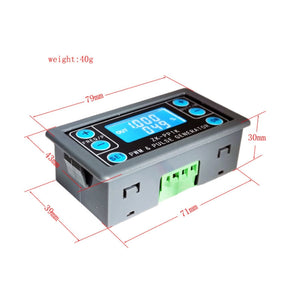 ZK-PP1K PWM Signal Generator Module – Dual Mode, 1Hz–150kHz, LCD Display, Delay, Pulse Width, Frequency & Duty Control, 3.3V–30V - shown with dimensions, featuring a grey rectangular housing, LCD screen reading 1.000 and 049, and green terminals.