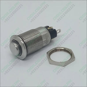ZLQ-B5V 12mm Waterproof Metal Push ON Push OFF Button Switch With Power Indication - shown with its silver cylindrical body, a metallic nut, and two rear electrical terminals.