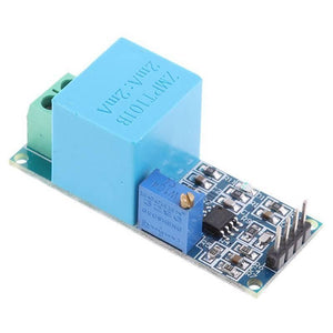 Zmpt Single Phase AC Voltage Sensor - a blue transformer, a blue potentiometer, and a green terminal block on a green circuit board.
