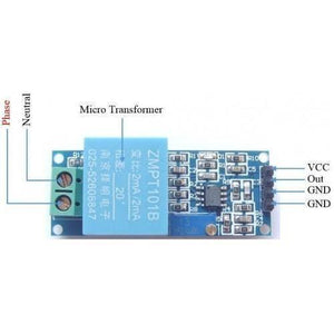Zmpt Single Phase AC Voltage Sensor - a blue transformer, a green screw terminal block for AC input, and a four-pin output header.