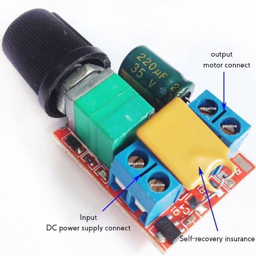 Zs-x4a 5A PWM DC Motor Speed Controller Module Light Dimmer LED Dimmer Lighting Dimmer With On/off Switch - black rotary knob, green potentiometer, blue terminal blocks for input and output, and a yellow component.