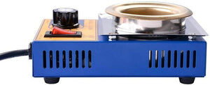 ZTX 160W-Soldering Desoldering Pot, Wax Burner, Boiler Size 50x35 MM, AC220V-50Hz with adjustable Temperature range 100-550°C - a blue metal device featuring a circular heating crucible, a red power switch, and a black rotary control knob.