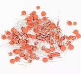 0.0001 µF 100pF 0.1nF 101 50V Multilayer ceramic Capacitor - round, orange-coloured ceramic disc capacitors with two metal leads.