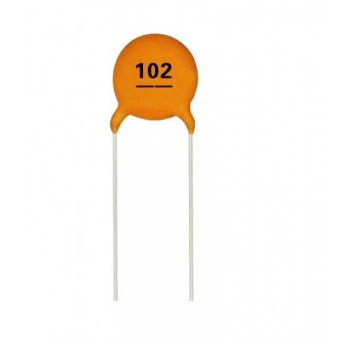 0.001 Uf / 1000 PF Multilayer Ceramic Disc Capacitor (102) - an orange, round disc-shaped electronic component with two vertical metal leads.