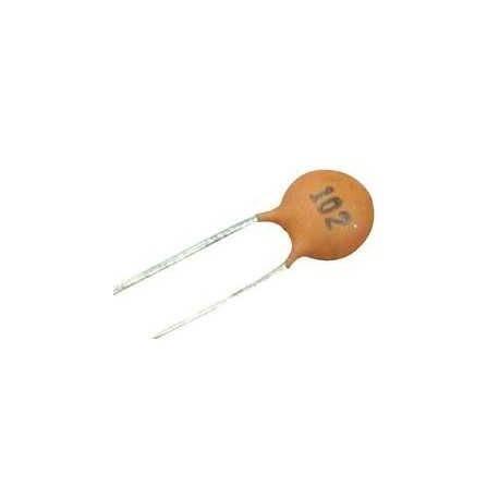 0.001 Uf / 1000 PF Multilayer Ceramic Disc Capacitor (102) - a small, round, orange-brown electronic component with two thin metal wire leads.