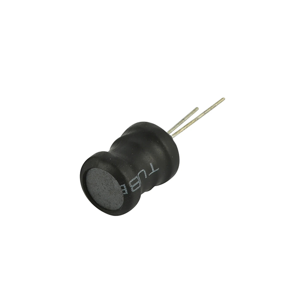 0.14MH 140UH Radial Power Inductor Coil – 0.6 Ohm Low Resistance - a black, spool-shaped electronic component with two metal lead wires extending from one end.