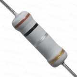 0.1ohm 2W 2W0.1rj 2 Watts 0.1R Resistor - a close-up of a grey cylindrical electronic component with brown, black, silver, and gold bands and two metal leads.