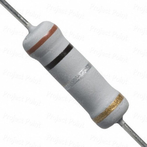 0.1ohm 2W 2W0.1rj 2 Watts 0.1R Resistor - a close-up of a grey cylindrical electronic component with brown, black, silver, and gold bands and two metal leads.