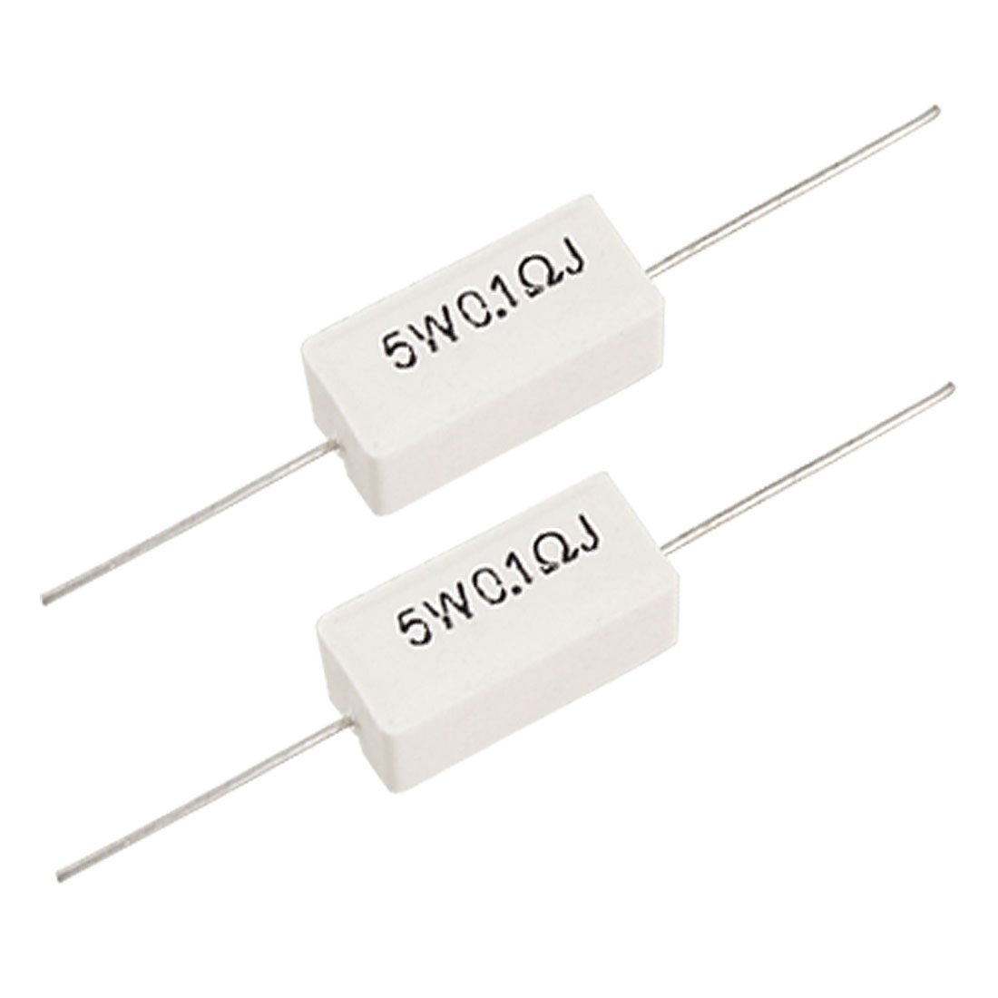 0.1ohm 5W 5W0.1rj 5 Watts 0.1R Resistor - two rectangular white ceramic resistors with axial leads, each printed with the text 5W0.1ΩJ.