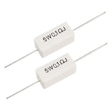 0.1ohm 5W 5W0.1rj 5 Watts 0.1R Resistor - two rectangular white ceramic resistors with axial leads, each printed with the text 5W0.1ΩJ.