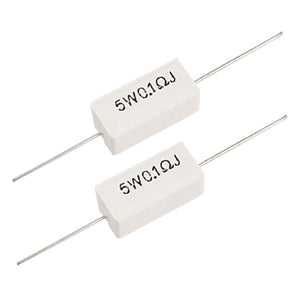 0.1ohm 5W 5W0.1rj 5 Watts 0.1R Resistor - two rectangular white ceramic resistors with axial leads, each printed with the text 5W0.1ΩJ.