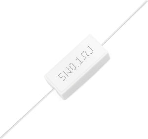 0.1ohm 5W 5W0.1rj 5 Watts 0.1R Resistor - a rectangular white cement resistor with two metal leads extending from opposite ends, marked with 5W0.1RJ.