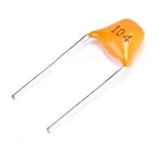 0.1uF 100nF 104 50V Multilayer Ceramic Capacitor In Pakistan - 0.1uF 100nF 104 50V Multilayer Ceramic Capacitor, a yellow, triangular-shaped ceramic disc capacitor with two long metal wire leads and the text 104.