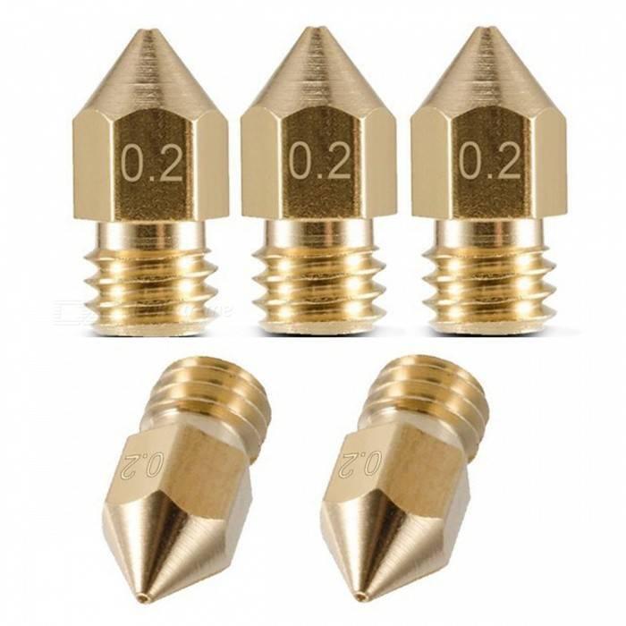 0.2mm 3d Printing Nozzle 3d Printer Accessories MK8 Brass Nozzle - a set of five gold-colored metal nozzles with 0.2 engraved on the sides.