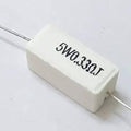 0.33 Ohm 5W Ceramic Cement Resistor - a white rectangular block-shaped component with axial wire leads and the text "5W0.33ΩJ" printed on its side.