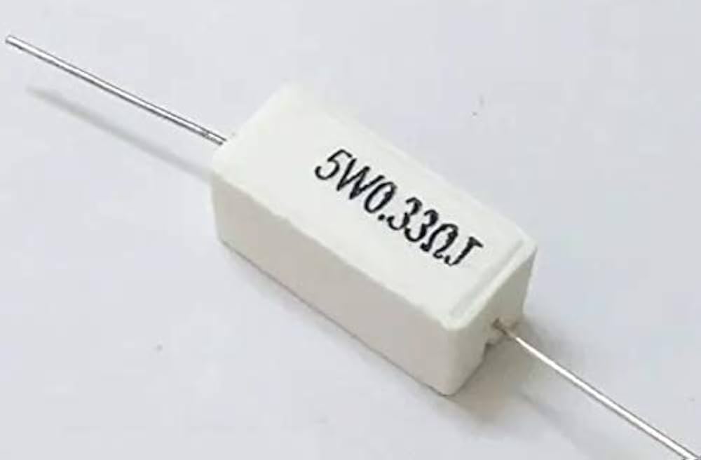 0.33 Ohm 5W Ceramic Cement Resistor - a white rectangular block-shaped component with axial wire leads and the text "5W0.33ΩJ" printed on its side.