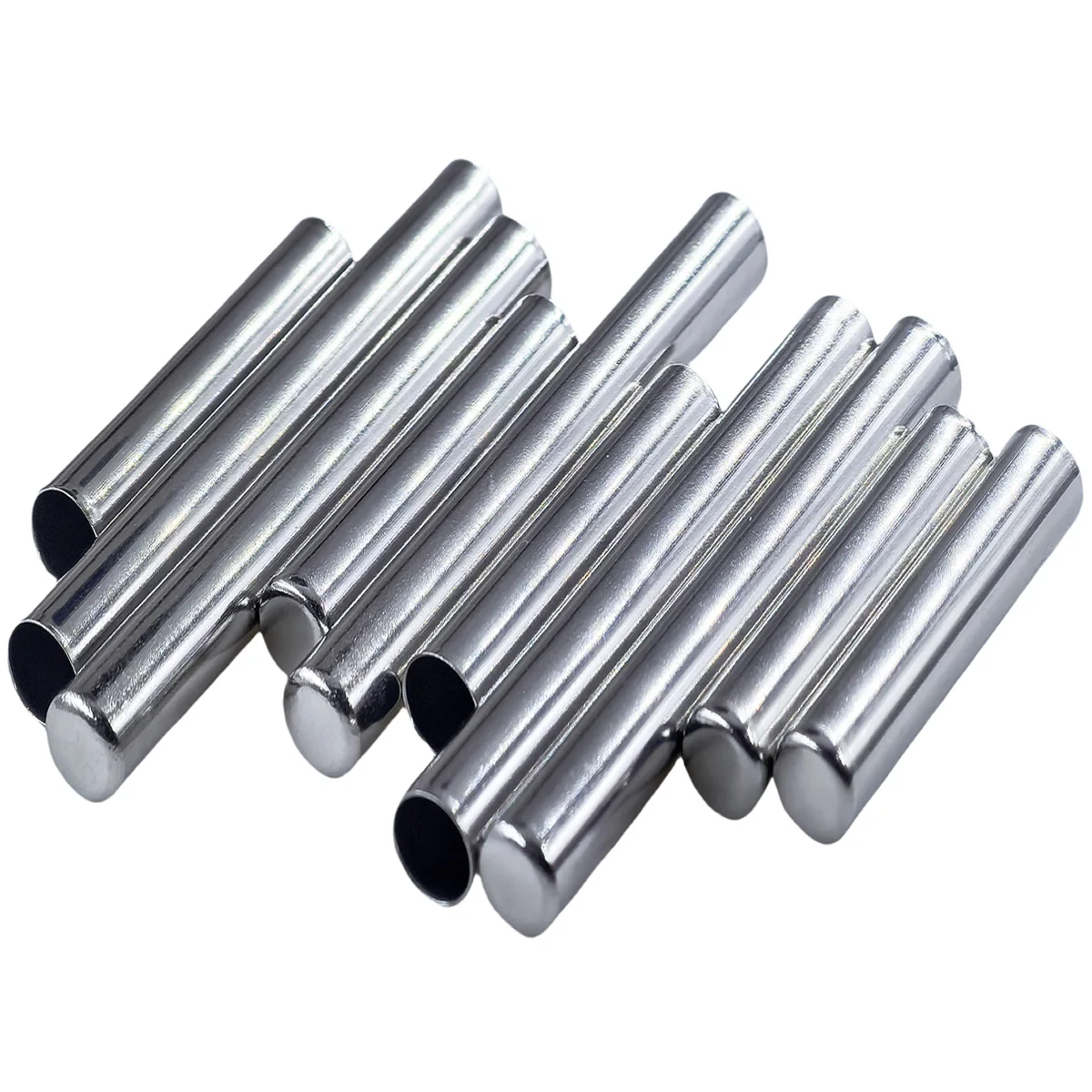 0.3mm X 6mm X 50mm SS304 Stainless Steel Tube Flat Head - a group of silver, cylindrical metal tubes with flat, closed ends arranged together.