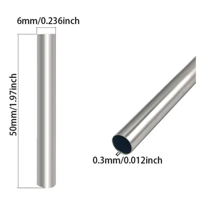 0.3mm X 6mm X 50mm SS304 Stainless Steel Tube Flat Head - shown in a dimension diagram with two views of the silver, cylindrical metal tube.