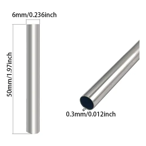 0.3mm X 6mm X 50mm SS304 Stainless Steel Tube Flat Head - shown in a dimension diagram with two views of the silver, cylindrical metal tube.