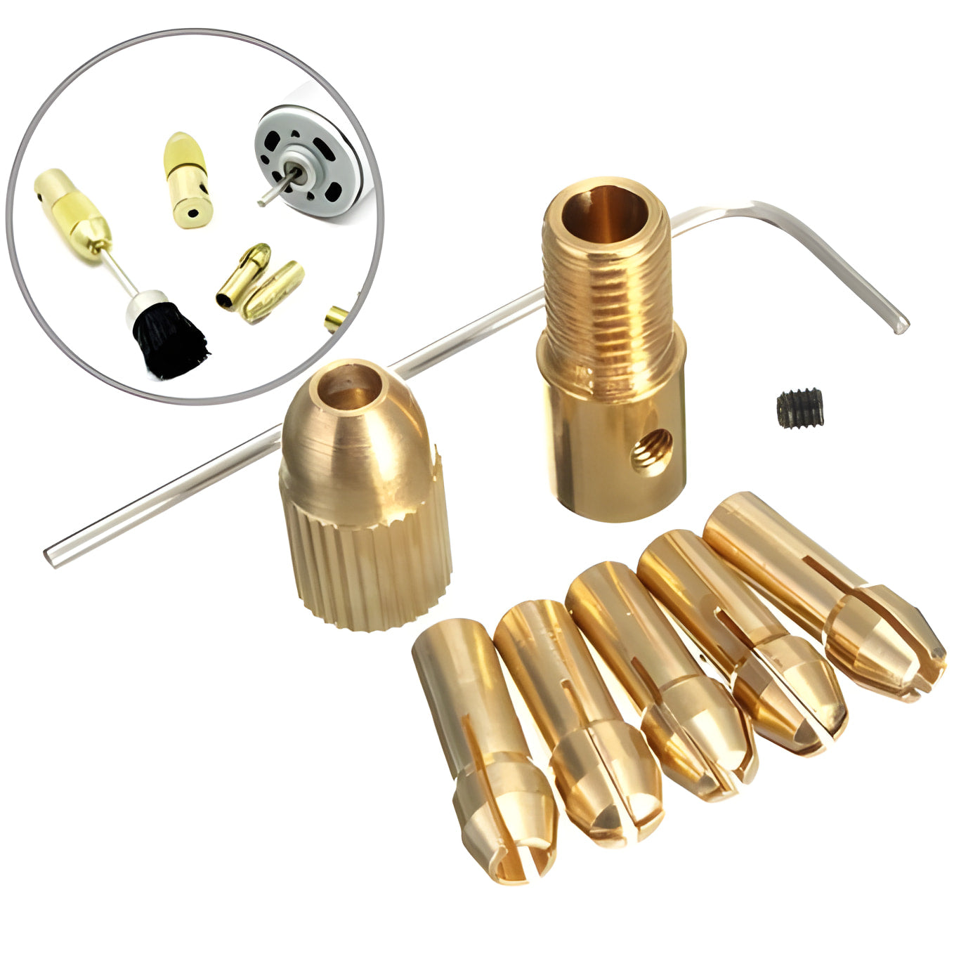 0.5-3mm Mini Drill Chuck Small Electric Drill Bit Collet Micro Twist Drill Chuck Set Power Tools - a gold-colored motor shaft adapter, a knurled cap, five collets, a small hex key, and a set screw.
