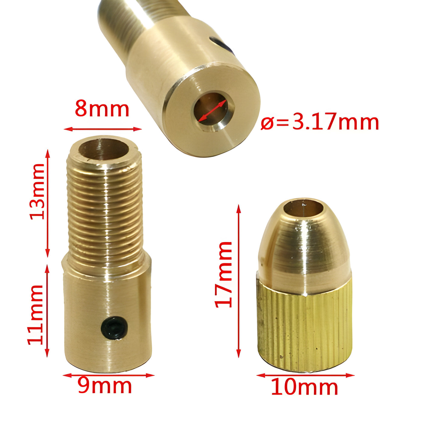 0.5-3mm Mini Drill Chuck Small Electric Drill Bit Collet Micro Twist Drill Chuck Set Power Tools - three brass drill chuck components with red dimension labels and a 3.17mm diameter indicator.