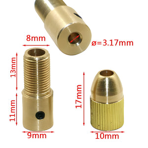 0.5-3mm Mini Drill Chuck Small Electric Drill Bit Collet Micro Twist Drill Chuck Set Power Tools - three brass drill chuck components with red dimension labels and a 3.17mm diameter indicator.