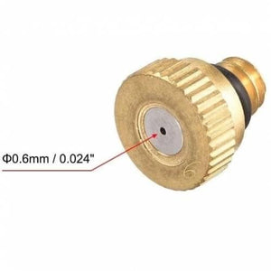 0.6mm Orifice Dia 9mm Long Brass Mist Nozzle - shown as a close-up of the gold-colored metal nozzle with a 0.6mm orifice indicated by a red arrow.